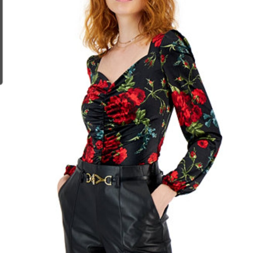 INC Women’s Velvet Floral Ruched Puff Sleeve Top Medium Whimsygoth Romantic Y2K